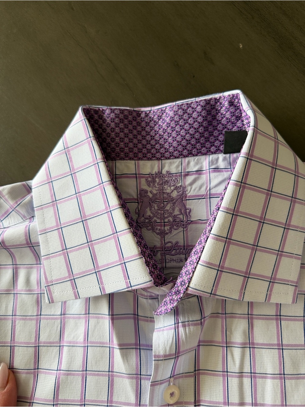English Laundry White Dress Shirt with Purple Windowpane